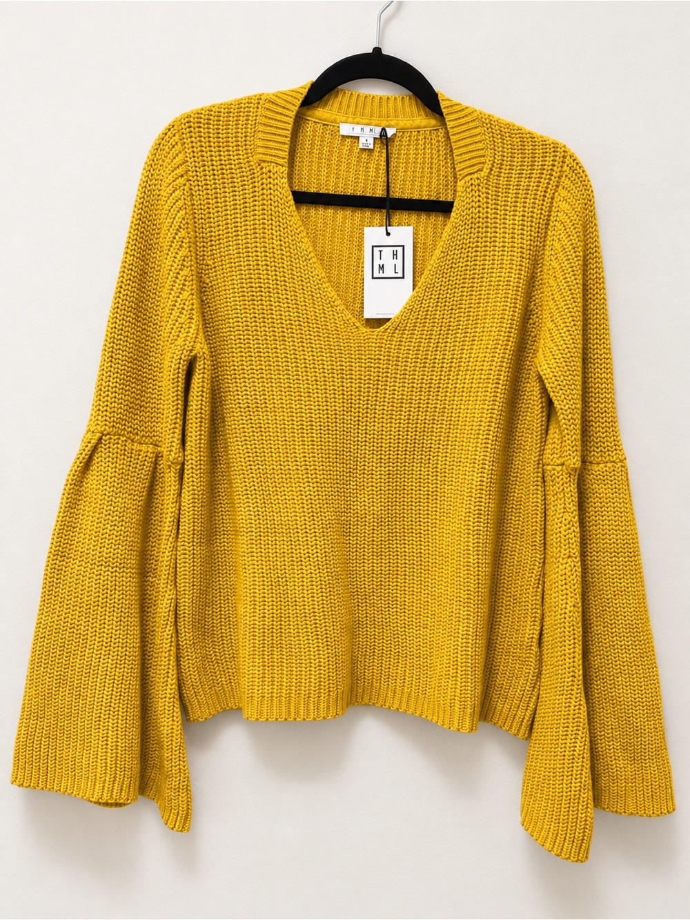 THML Golden Mustard V-Neck Bell Sleeve Sweater